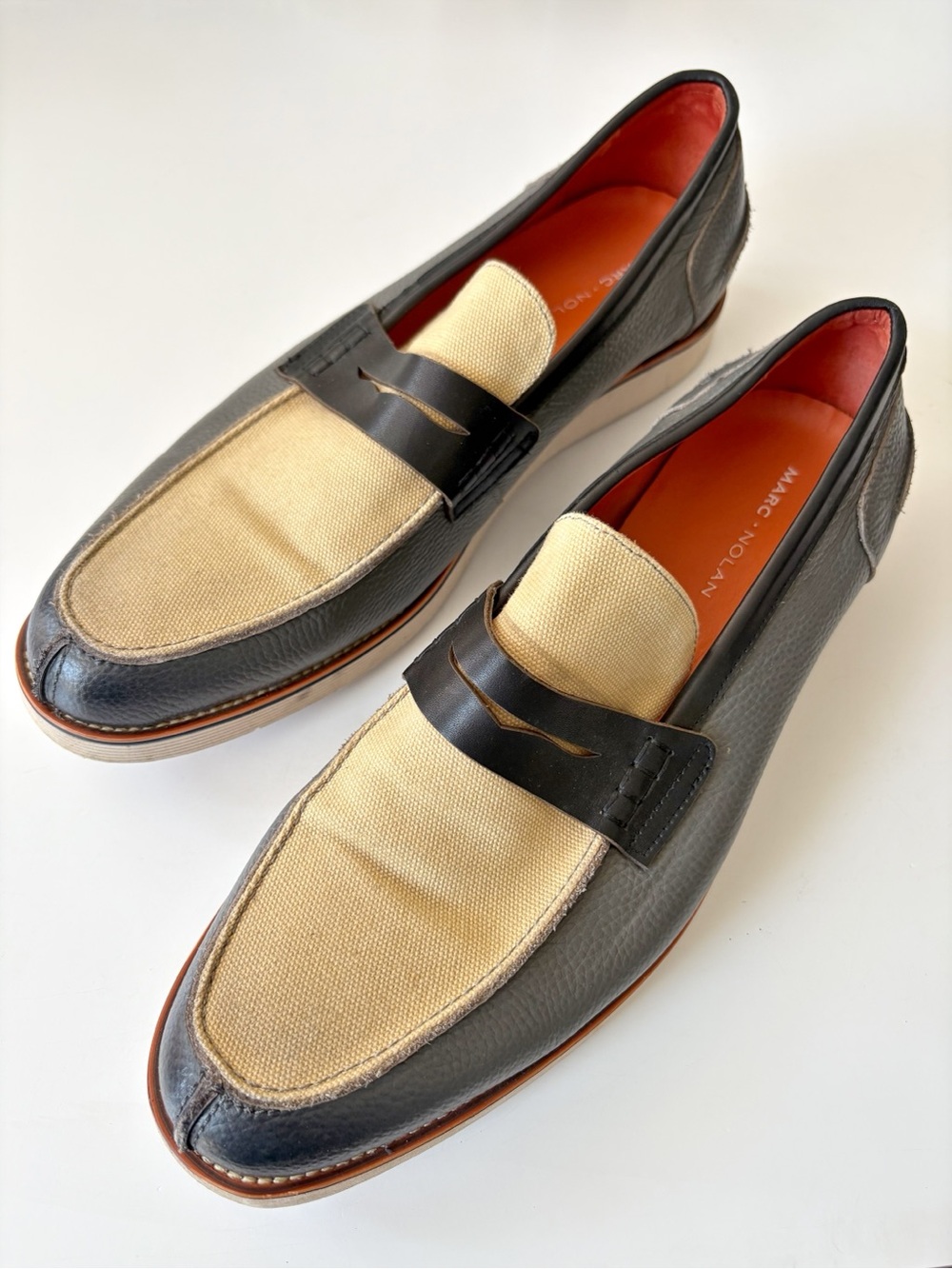 Marc Nolan ||‎ Abe Contrast Canvas Leather Penny Loafers Cream Gray 10